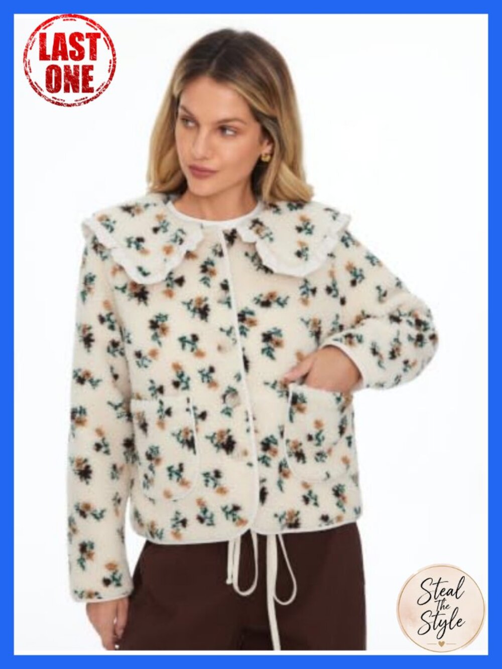 Sherpa Fleece Jacket Floral Print Ruffled Collar Button Front